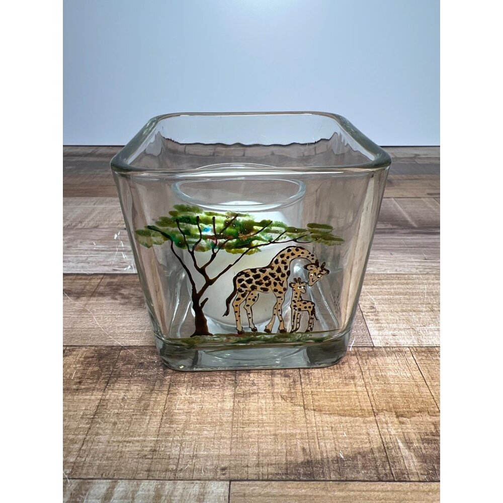 Hand-Painted Glass Candle Holder With Giraffe & Tree Design